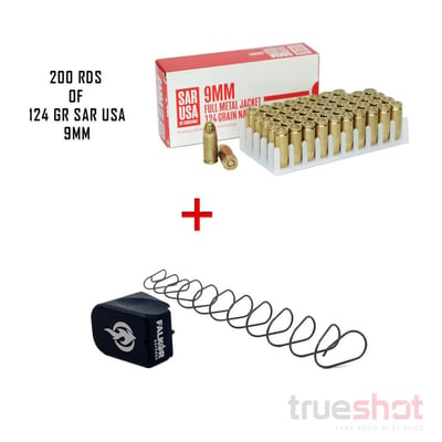 SAR USA 9mm NATO 124 Grain FMJ 200 Rounds with (1) Falkor Defense Fury Mag Extension Black for Glock OEM 17 or 19 - $88.00 