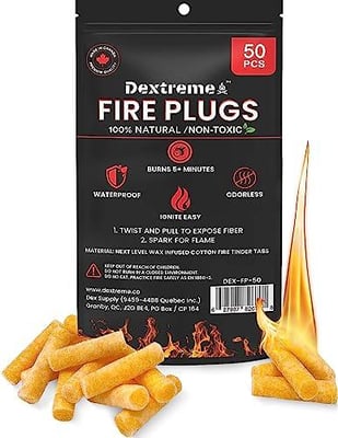 Dextreme Fire Plugs (50) Waterproof Fire Starter for Campfires, Emergencies, Survival, Fire Pits, Grills 5+ Minute Burn All Natural Made in North America - $11.67 with $1 Off Coupon on site + FREE Shipping