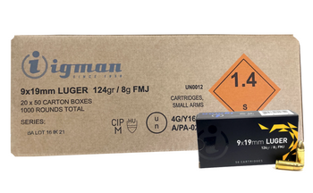 Igman 9x19mm 124 grain FMJ CASE1000 UPC: 3877002037061 - $240
