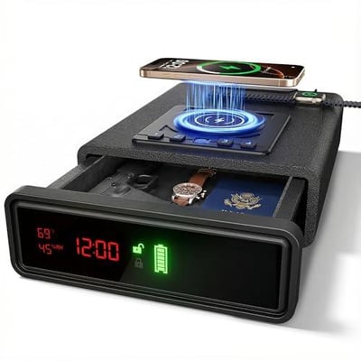 Biometric Fingerprint Gun Safe with Phone & Watch Wireless Charging, 3 Quick Access, Clock Handgun Safe with Adjustable Brightness, Backlit Keypad - $149.99 + FREE Shipping
