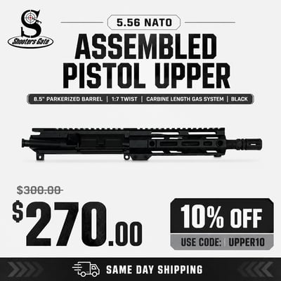 AR-15 5.56 NATO Assembled Pistol Upper, 8.5" Parkerized Barrel 1 7 Twist, Carbine Length Gas System, Black - $270(CODE:UPPER10) 