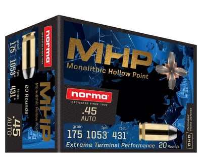 Norma MHP 175gr 45 ACP Ammo, 20rds - $7.99 (Free Shipping on 10+ Order)