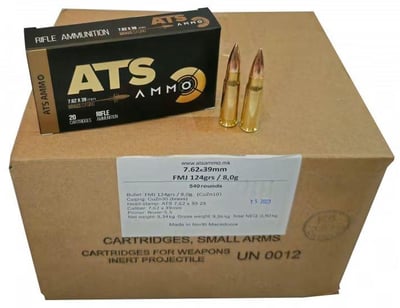 ATS X-Force 7.62x39 Ammunition,124 Gr, FMJ, Brass Cased, Boxer Primed, Non-Corrosive, Reloadable, Made In Macedonia - 540 Round Case - $329.99