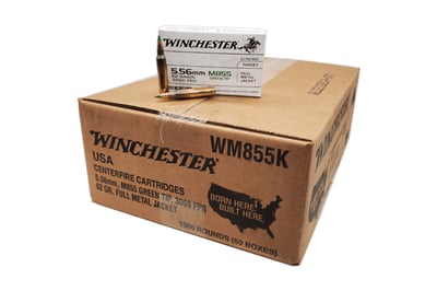Winchester WM855K 5.56 NATO 62gr FMJ Green Tip Rifle Ammo - 1000 round case - WM855K - $469.95 