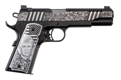 Auto-Ordnance 1911 Trump "Rally Cry" 45 ACP 5" 7+1 Engraved Stainless Steel Slide/Frame with Black Cerakote & Gold Flakes Engraved Aluminum Grips Night Sights - $1549.99