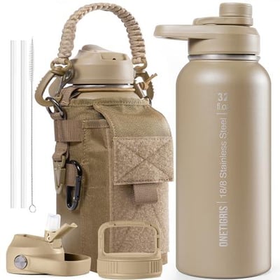 ONETIGRIS 32 oz Insulated Water Bottle with Straw Tactical Stainless Steel Water Jug, Leakproof Thermos Wide Mouth with 3 Lids and Sleeve - $29.98 + FREE Shipping