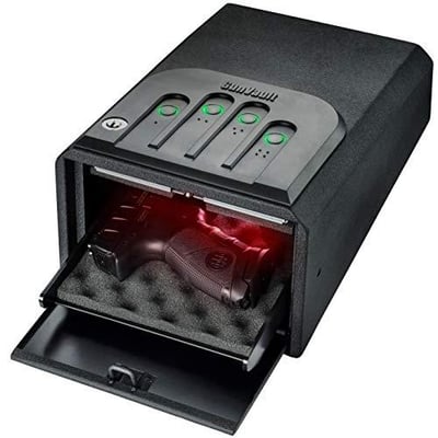 GunVault MiniVault Quick Access Compact Gun Safe with Illuminated No-Eyes Digital Keypad, Auto Slide-Out Drawer and LED Illumination (1 Pistol Capacity) - $107.99 + FREE Shipping