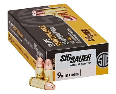 Sig Sauer Elite Ball 9mm Luger 124 gr Full Metal Jacket Ammunition (FMJ) 50 rd Box - $14.99
