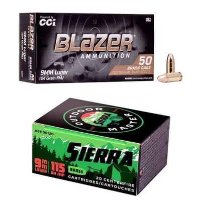 Sierra Outdoor Master 9mm 115 Gr JHP 200rds & CCI Blazer Brass 9mm 124 Gr FMJ 500rds - $199.80 