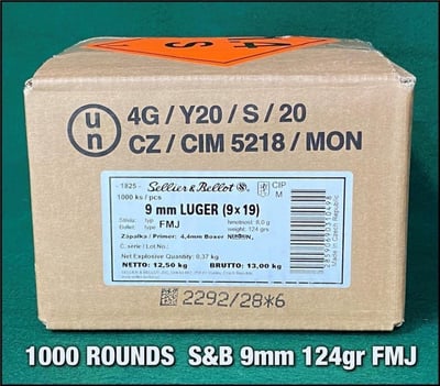 S&B 9mm 124gr FMJ 1000 Rd - $799.99