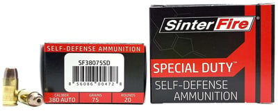 SinterFire 380 ACP Special Duty Ammo Lead Free Frangible 75 Grain Projectile 20 Rnd - $9.19 