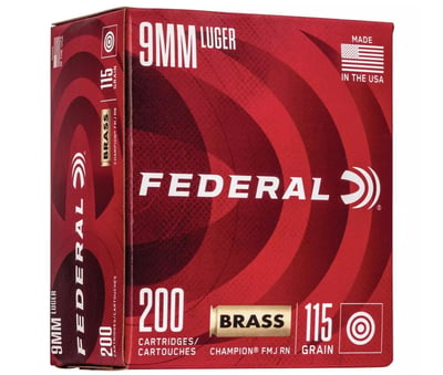 Federal Champion Brass FMJ 9mm 115 Grain 200 Round Box - $47.99