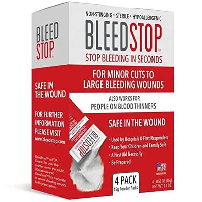 BleedStop First Aid Powder for Blood Clotting, Trauma Kit for Moderate to Severe Bleeding Wounds or Nosebleeds 4 (15g) Pouches - $14.99 + FREE Shipping