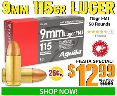 Aguila 9mm Luger Full Metal Jacket 115 Grain 50 Rounds - $12.99