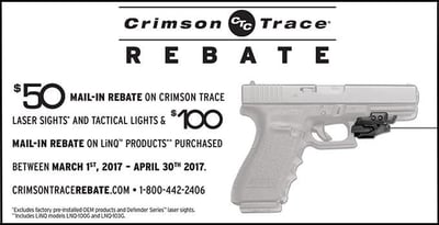 $50 rebate on Crimosn Trace Sights & Tactical Lights & $100 on LINQ products