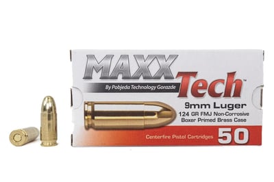 Maxx Tech 9mm 124 gr FMJ Target Ammo 50/Box - $11.99