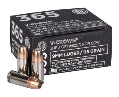 Sig Sauer 365 9mm 115gr Elite V-Crown JHP 20 Rounds - $15.99