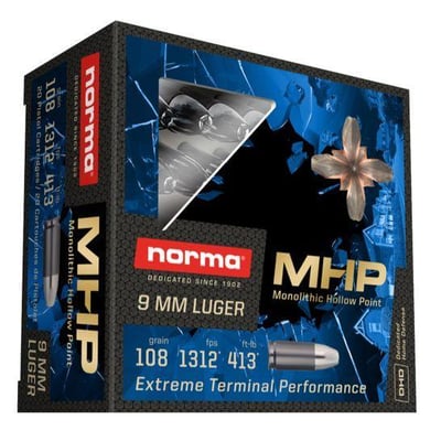 Norma Extreme Terminal Performance 9mm MHP 108 Grain 20 Rounds - $11.39 (Buyer’s Club price shown - all club orders over $49 ship FREE)