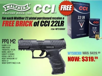 WALTHER PPQ M2 22LR W/ FREE BRICK OF CCI 22LR (500 ROUNDS) - $399.99 (Free Shipping over $50)
