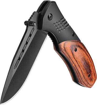 KEXMO Pocket Knife 3.46" Sharp Blade Wood Handle with Clip Glass Breaker Black - $5.99 w/code "MGEQSVAO" + FREE Shipping
