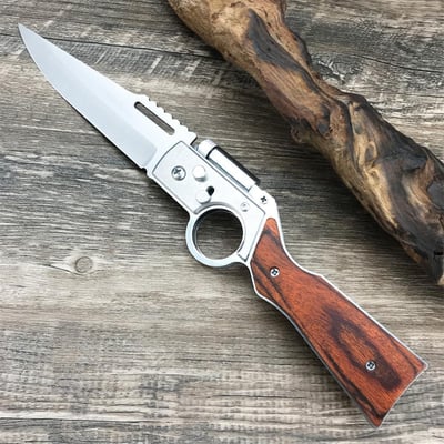 10 inch AK47 Flipper Folding Pocket Knife With LED Light, Stainless Steel Blade, Wooden handle, EDC Knives for Hiking, Emergency, Outdoor, Camping, Nylon Sheath - $13.29 after 5% Off Coupon + FREE Shipping