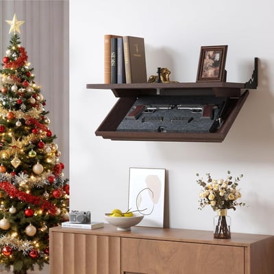 24" Compact Gun Shelf, Gun Rack with Automatic Induction Lock with Secure Hidden Compartment for Wall Mount Display, Storage Security Safe Box for Home, Wood - $95.99 + FREE Shipping