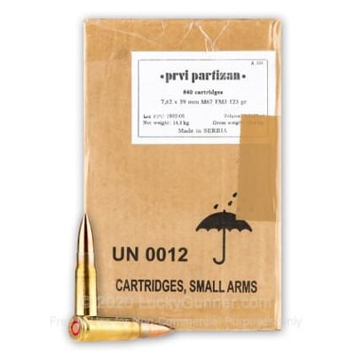PPU 7.62X39 FMJ 123GR 15rd Box Brass M67 spec - $424.33 + Free Shipping 