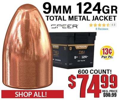 Speer 9mm .355 Diameter 124 Grain Total Metal Jacket 600 Count - $74.99 