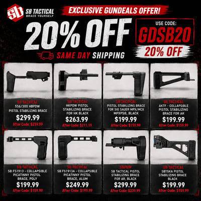 SB Tactical Brace Sale: 556/300 HBPDW / HKPDW / MPX/MCX MPXPSB / AKTF / FS1913 Poly / FS1913A Alum / SBPDW / SBT5KA — 20% Off w/ Code GDSB20, From $159.99 + Same Day Shipping