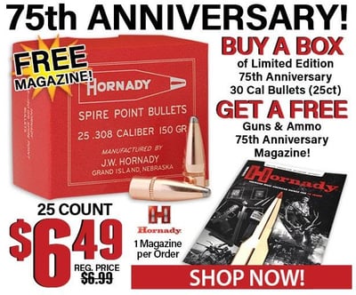 Hornady 75th Anniversary Collector's Box 30 Caliber .308 Diameter 150 Grain Spire Point 25 Count - $6.49 