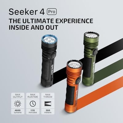 OLIGHT Seeker 4 Pro Rechargeable Flashlights, 4600 Lumens High Powerful Bright Light with USB C Holster, Waterproof IPX8 for Emergencies, Camping, Searching (Matte Black Cool White) - $97.99 + FREE Shipping