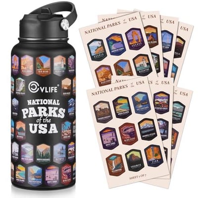 CVLIFE National Park Water Bottle with 63 Waterproof Park Stickers 32 Ounces Leakproof Insulated 304 Stainless Steel (Black) - $17.99 w/code "ZY8LSVAP" + FREE Shipping