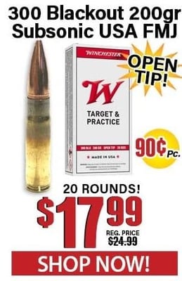 Winchester 300 Blackout 200 Grain Subsonic USA Full Metal Jacket Open Tip 20 Rounds - $17.99 