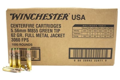 Winchester 5.56x45mm NATO M855 62 Grain FMJ Green Tip CASE 1000 Rounds - $580 (Free S/H)