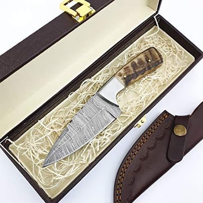 SS-1 Knife4U Damascus Hunting Knife with Sheath 8" Tool Sharp Blade with Natural Handle and Display Box (Rams Horn) - $67.99 (Free S/H over $25)