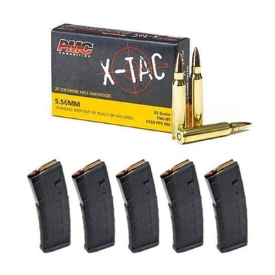 100rds of PMC X-TAC 55gr FMJ 5.56 NATO Ammo &5 Magpul PMAG 30rd GEN 2 MOE 5.56x45 Magazine - $79.9