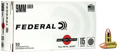 Federal RTP9115 Range and Target 9mm Luger 115 gr Full Metal Jacket (FMJ) 50rd Bx - $0