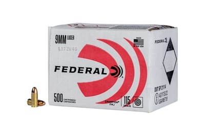 Federal Champion 9mm Luger 115 Grain Full Metal Jacket Handgun Ammo - 500 round bulk case - $104.95 