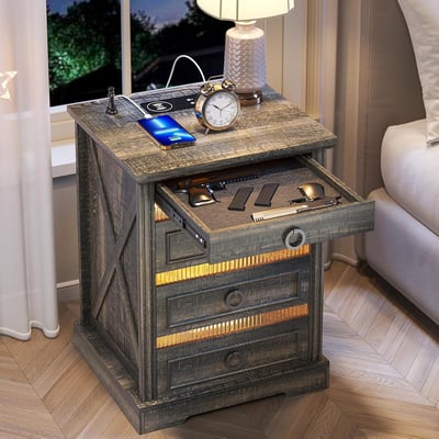 Farmhouse Night Stand with Gun Drawer, Bedside Table with Charger Station, LED Nightstand with Human Sensor Light, Smart End Table for Bedroom Livingroom, Rustic - $109.99 + $19.99 Shipping