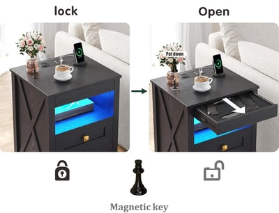 Farmhous Nightstand with Gun Drawer, Bedside Table with Charging Station, LED Light & Human Sensor, Black - $109.99 with $30 Off coupon + FREE Shipping