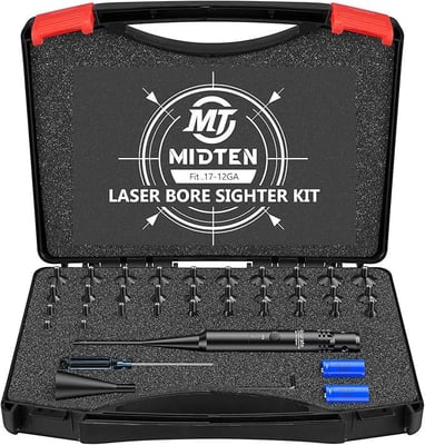 MidTen Bore Sight Kit with Button Switch, Red/Green Laser with 32 Adapters for 0.17 to 12GA Calibers - $20.46 w/code "PSET4U8G" + FREE Shipping