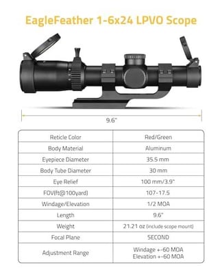 CVLIFE EagleFeather 1-6x24 LPVO Rifle Scope with 30mm Cantilever Mount, 5 Levels Red & Green Illumination Reticle, Second Focal Plane Scopes with Zero Reset - $74.99 w/code "EFLPVO16" + FREE Shipping