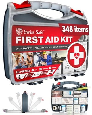 Swiss Safe 2-in-1 First Aid Kit for Car, Travel & Home, Businesses - Bonus Mini Kit for Medical Emergency Aid, Survival, Camping - FSA & HSA Eligible - 348 Pcs, Large Hardcase FAK - $32.99 + FREE Shipping