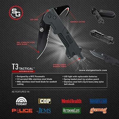 StatGear T3 Tactical Auto Rescue Tool knife, seatbelt cutter, spring-loaded window punch, light. sheath included - $19.99 (Free S/H over $25)