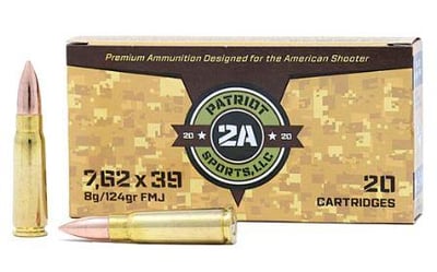 Patriot Sports 7.62x39mm 124 Grain Full Metal Jacket(FMJ) Brass Non-Corrosive - 1000 Rounds - $469.99