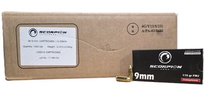 Scorpion Ammo 9mm 115gr FMJ Training Ammunition 1000rd Case - $269.99 + Free Shipping