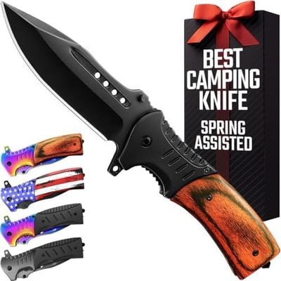 Spring Assisted Knife - 3.66" Sharp Blade - Tactical Pocket Knife with Wood Handle Glass Breaker & Clip - $6.49 + FREE Shipping