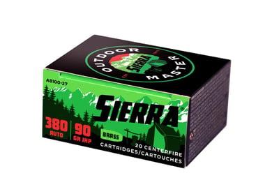 Sierra Outdoor Master 380 Auto, 90 Grain, Jacketed Hollow 20 Rounds - $13.48 