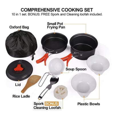 REDCAMP Outdoor Camping Cookware Mess Kit10 Pieces Lightweight & Compact Non-stick Anodized Aluminum - $10.99 + FS over $25 (Free S/H over $25)