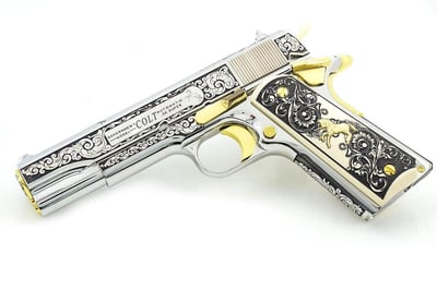 Colt 1911 Government 5" 9 Round 38 Super Scroll Design w/ Diamonds Chrome Finish, 24k Gold Plated Accents Pistol - $3999.99